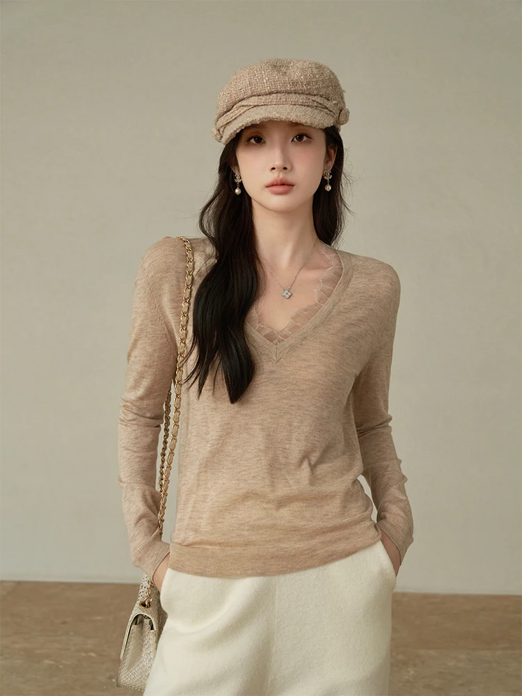 

ChillCozy Leng Ma Neng Шерстяной вязаный свитер с V-образным вырезом и кружевной отделкой, простой повседневный стиль, с длинными рукавами, приталенный крой