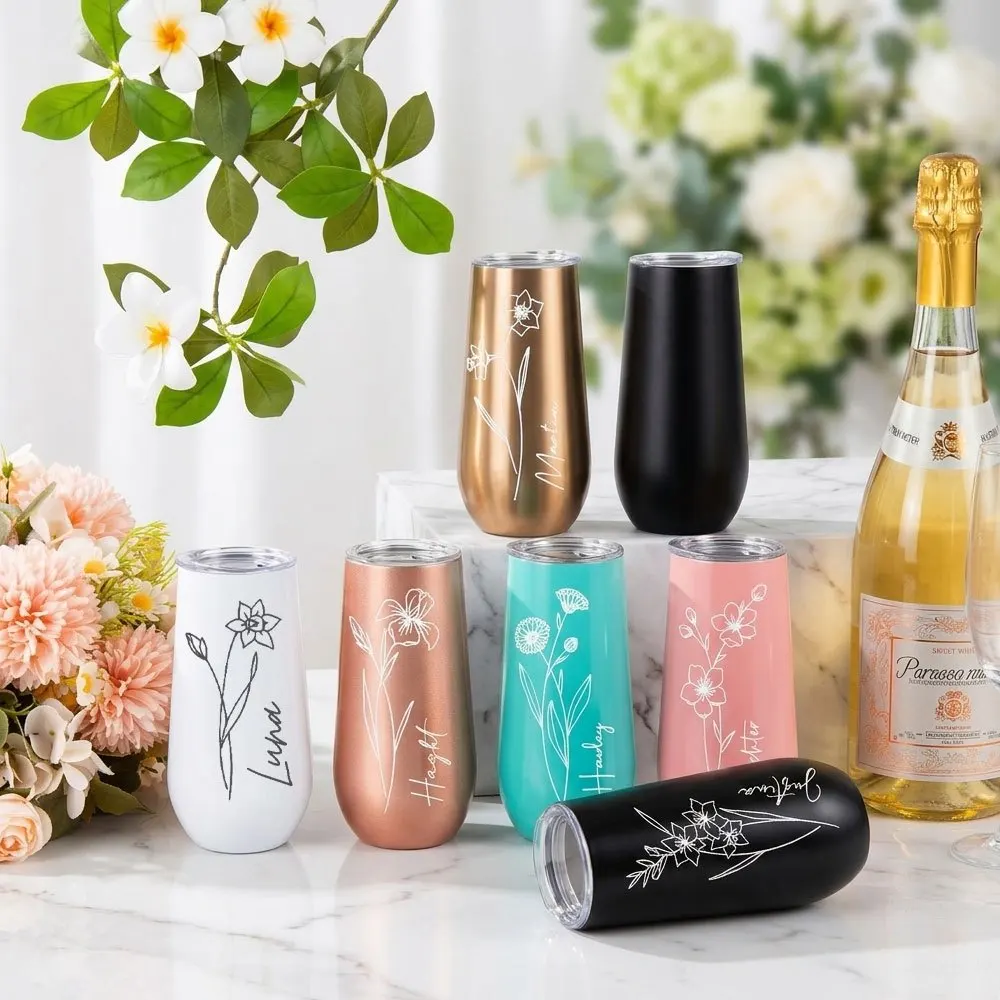 2026 New Custom Birth Flower Champagne Tumbler, 6oz Stainless Steel Insulated Wine Flute, Birthday Keepsake Gift for Women.