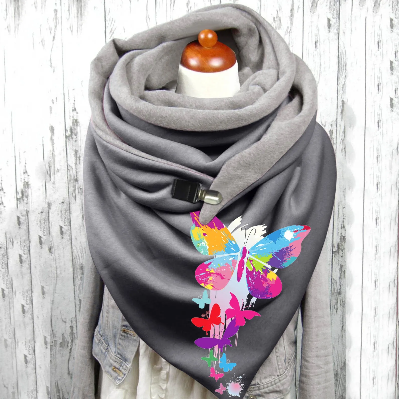 New Fashion Winter Women Scarf Funny Butterfly Flower Printing Button Soft Wrap Casual Warm Scarves Shawls Women Cotton Scarves