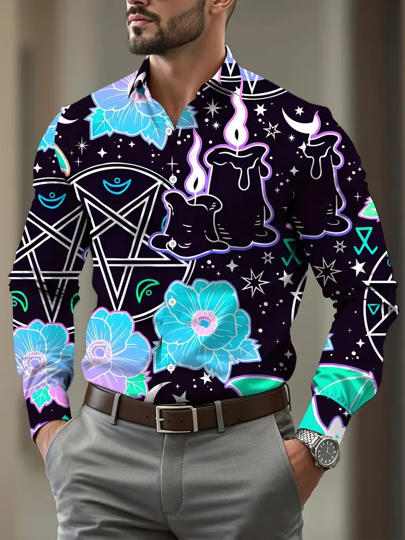 

New Men's Floral 3D Snowflake Print Long Sleeve Shirt Beach Fashion Lapel Men's Top New Elegant Floral Costume