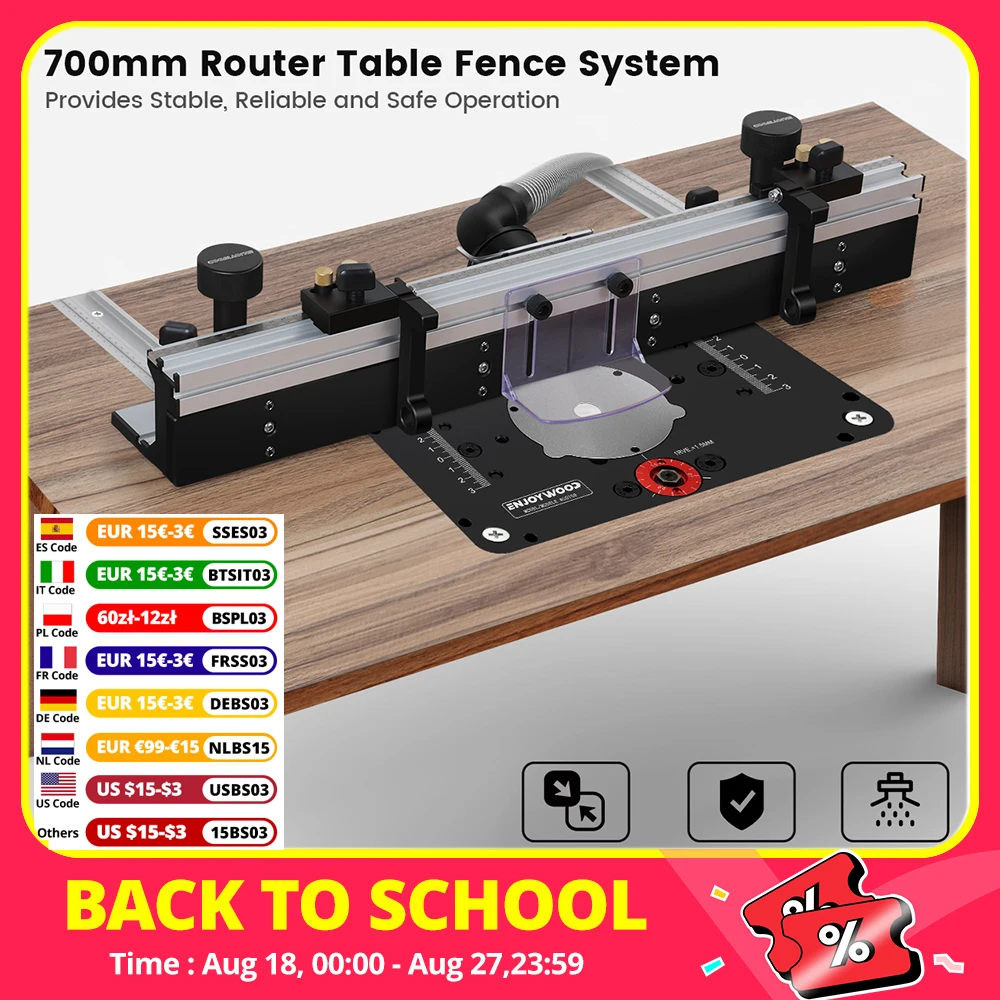 ENJOYWOOD Recinzione da tavolo per router per la lavorazione del legno da 700 mm Recinzione con profilo in lega di alluminio con staffe scorrevoli con binario a T da 300 mm Protezione per punte