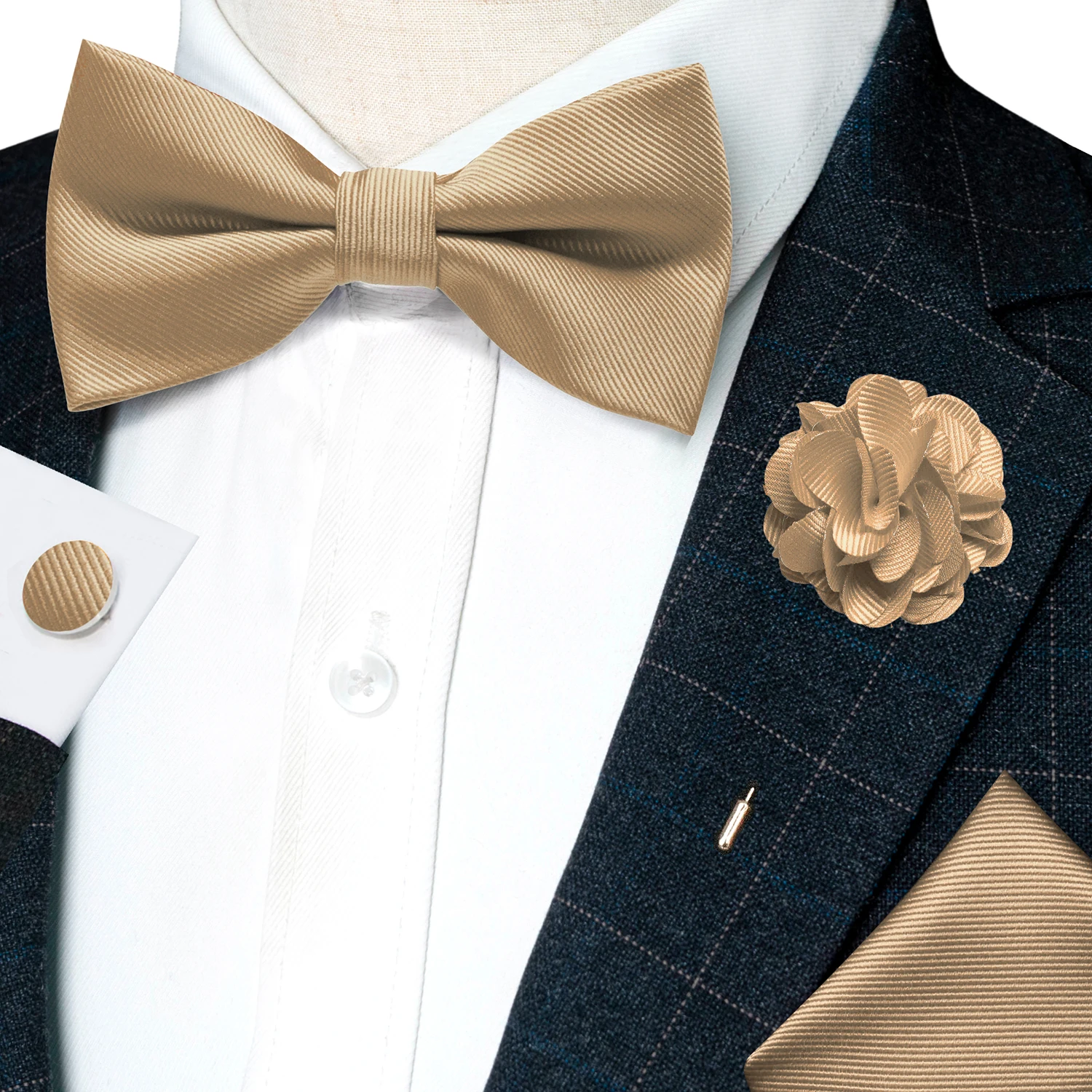 Hochzeits-Fliege für Herren, einfarbig rosa, vorgebundene Fliege, Einstecktuch, Manschettenknöpfe, Corsage-Set, Party, Business, Seiden-Schmetterlingsknoten, Geschenk – Detail 11
