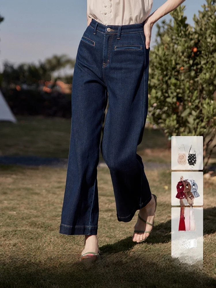 High Waist Straight Leg Retro Denim Jeans Women's Versatile Wide Leg Pants French Style Cotton Stretch Denim All Seasons