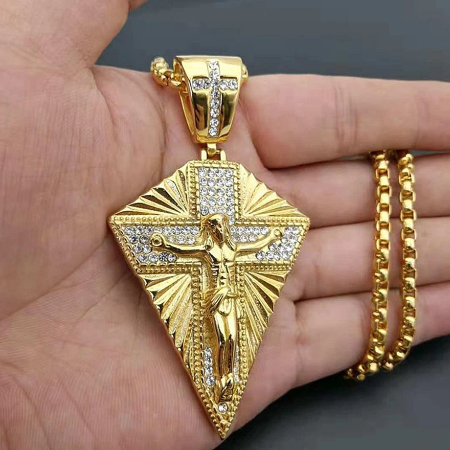 Religious Iced Out Bling Jesus Cross Pendant Male Gold Color Stainless Steel Big Christ Crucifix Necklace for Men Jewelry Gift