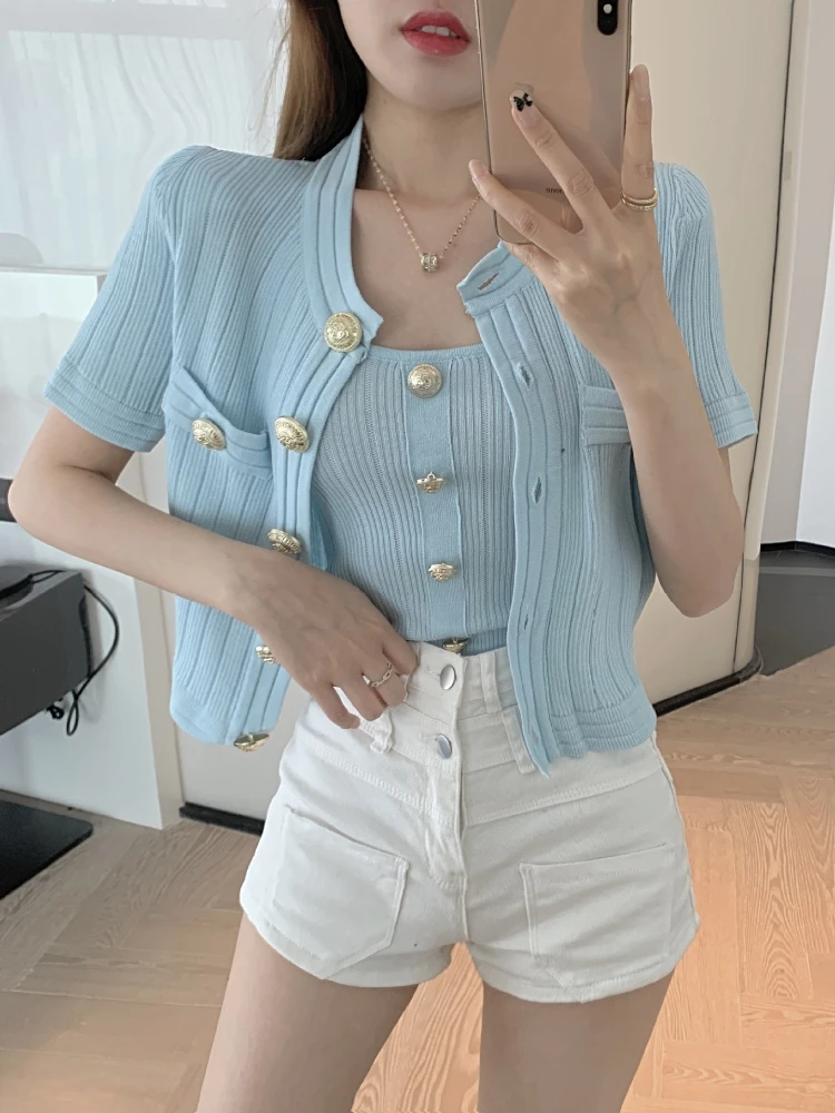 Fashion Knitted Shirt Women\'s Summer New Sweater Jacket Fit Metal Button Short Sleeved Knit Wears Top Female Trendy 2 Piece Sets