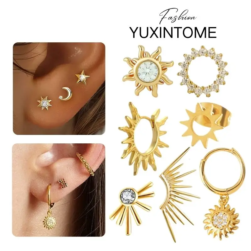 

925 Sterling Silver Ear Needle Vintage Sun Shape Stud Earrings Women's Shiny Crystal Zircon Sun Earrings Party Fashion Jewelry