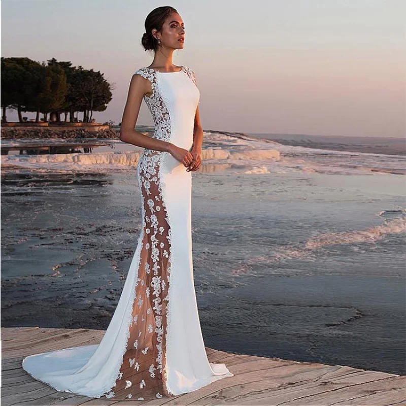 Elegant temperament evening dress with lace patchwork and extra long dress, sexy hollow out for women