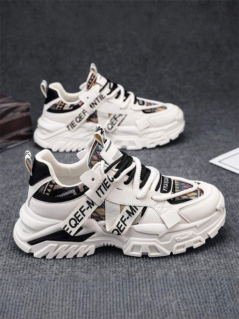 Men's Sporty Casual Running Shoes Fall Fashion Thick Bottom Heightening Dad Trendy Low Top Leather Inner Slip-On round Toe