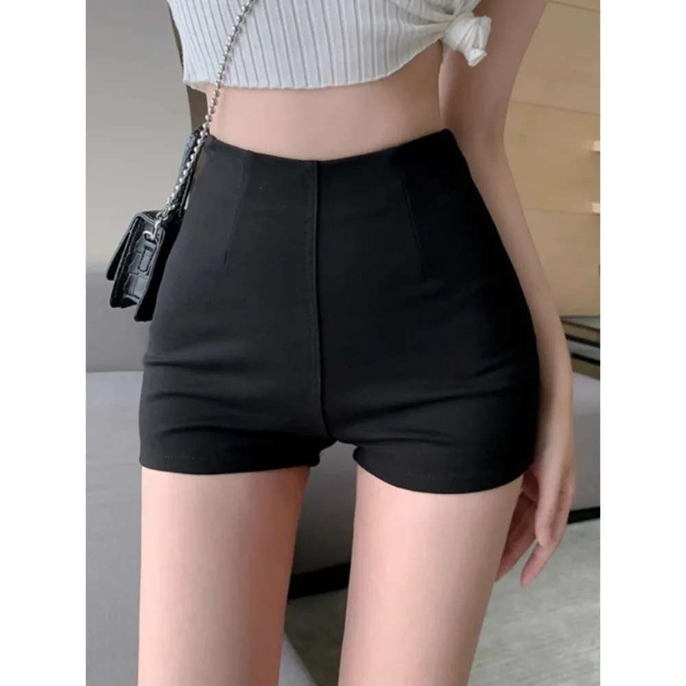 Calça feminina de cintura alta apertada com zíper, shorts de perna reta, elástico, casual, quente, na moda