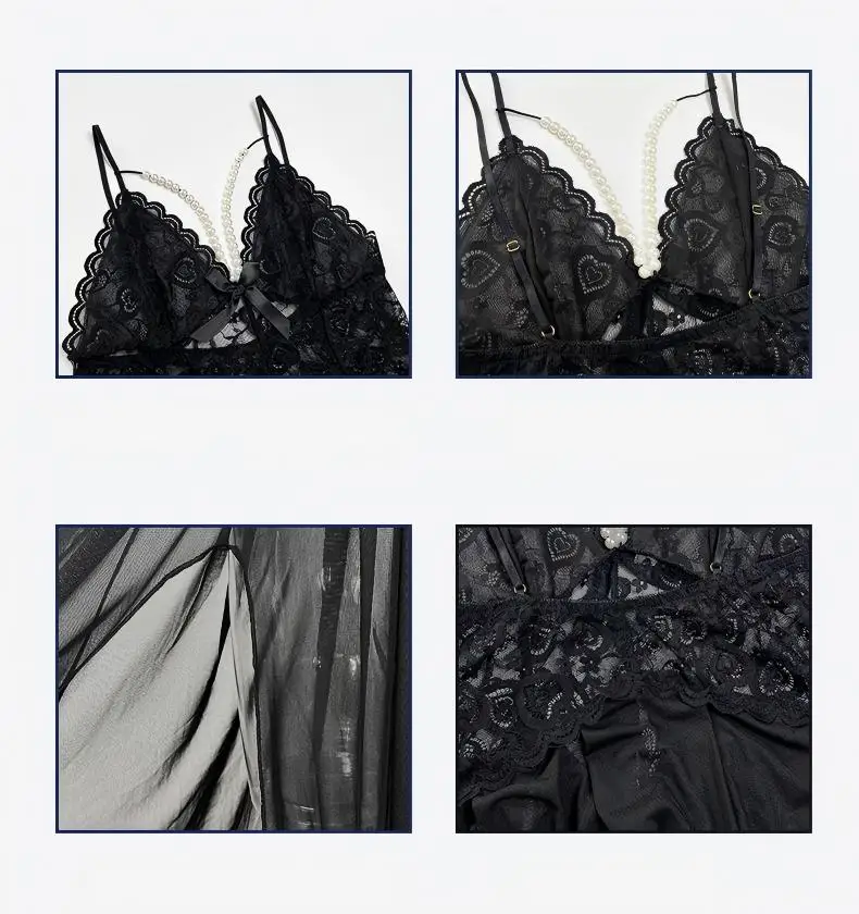 Camisola transparente sem alças de renda preta feminina com decote em V profundo pérola + fenda alta sexy tecido líquido de camadas longas para uso doméstico