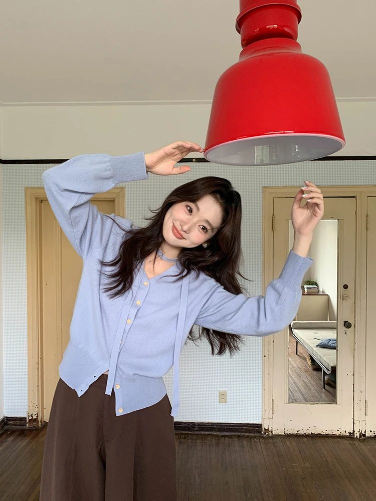 

Blue Knitted Single-Button Open Cardigan Women's Spring 2026 New Korean Sle Sweater Beautiful Top Casual Loose Fit V-Ne