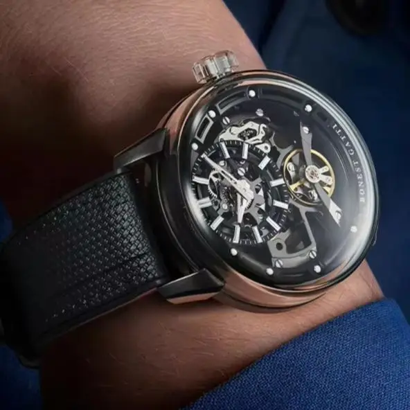 BONEST GATTI Men Automatic Watch 44mm Mechanical Wristwatch Luminous Skeleton Sapphire Mirror Quick Release Strap