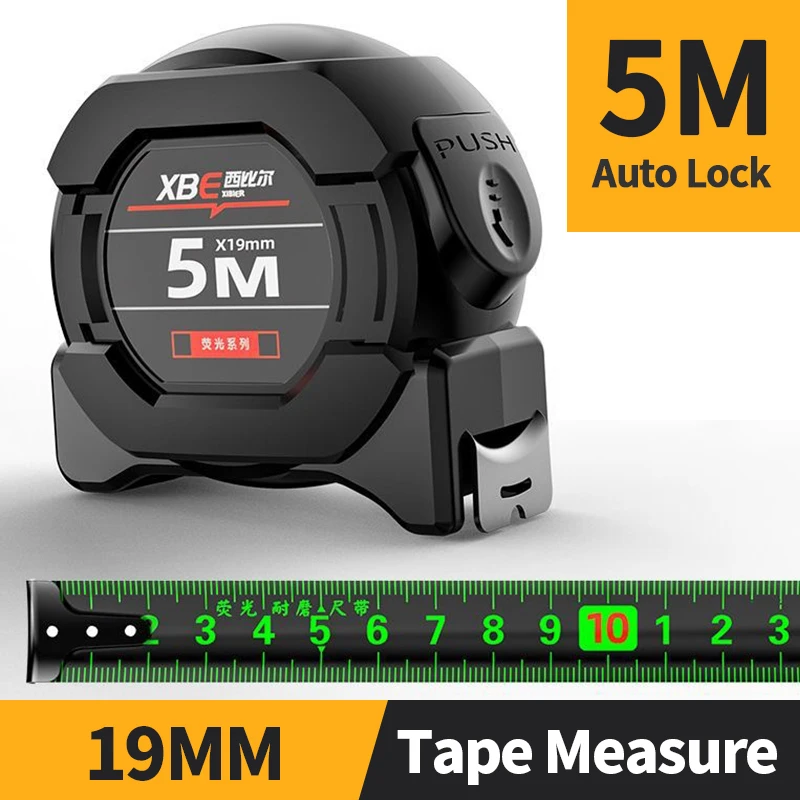Self locking Steel TapeHigh precision Thickened measure black Fluorescent tape 5M Wear-resistant Fall resistant Measuring Tape