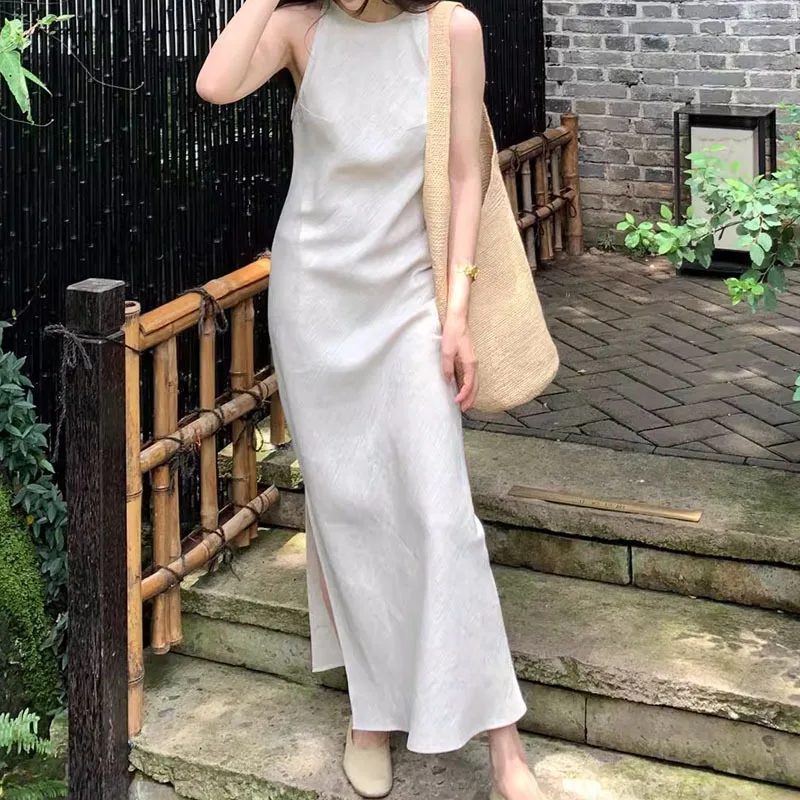 Chinese Style Cotton Linen Dress Sleeveless Women Clothing Bias Cut High Count Cool Temperament Vest Sweet Fresh Offce Lady Slit