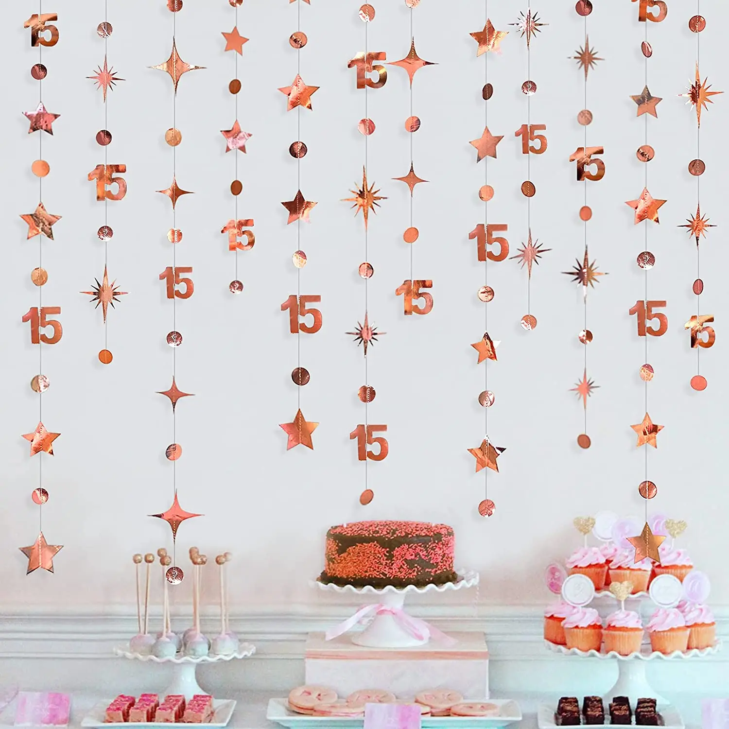 Rose Gold 15th Happy Birthday Banner Decorations Number 15 Circle Dot Twinkle Star Paper Garlands for Fifteen Year Old Birthday