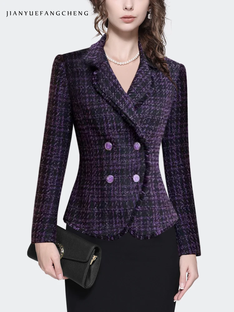 Women\' Long Sleeve Wool-like Knitted Purple Plaid Jacket Elegant Slim Short Fashion Vintage Casual Blazer Short Coat