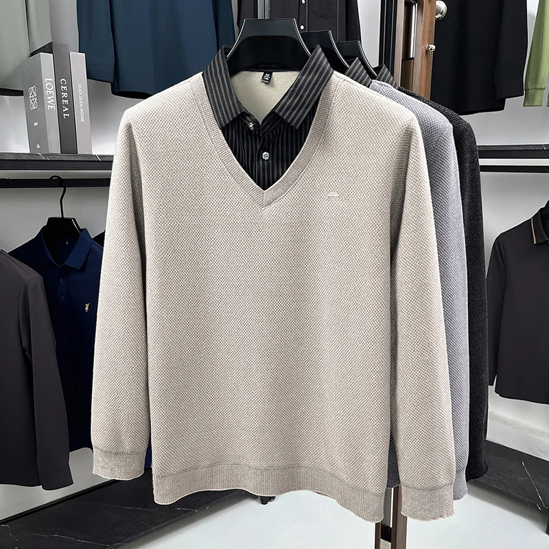 겨울 핫 세일 신상품 남성 셔츠 칼라 페이크 투피스 벨벳 두꺼운 프린트 따뜻한 니트웨어 브랜드 패션 오피스 남성복