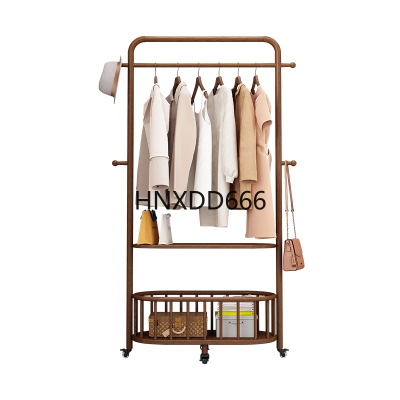 

Light luxury ash wood coat rack floor-to-ceiling clothes hanging home storage basket bedroom clothes rack