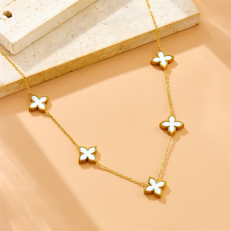 XIYANIKE 316L Stainless Steel Black White Double-Sided Cross 4-Leaf Flower Necklace For Women Creative Party Gift Clavicle Chain