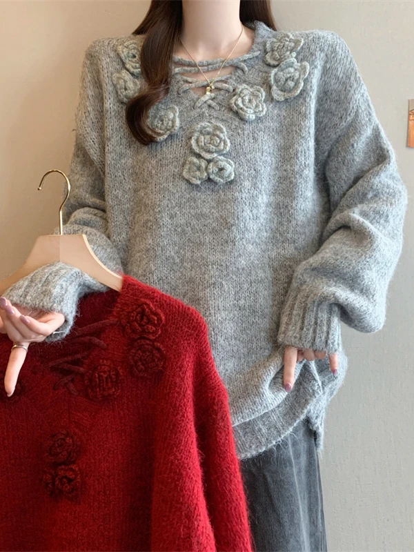 여성용 루즈 니트 스웨터 플로럴 디자인 가을 겨울 패션 플러스 사이즈 슬림핏 탑 캐주얼 스타일 라운드 넥 긴팔