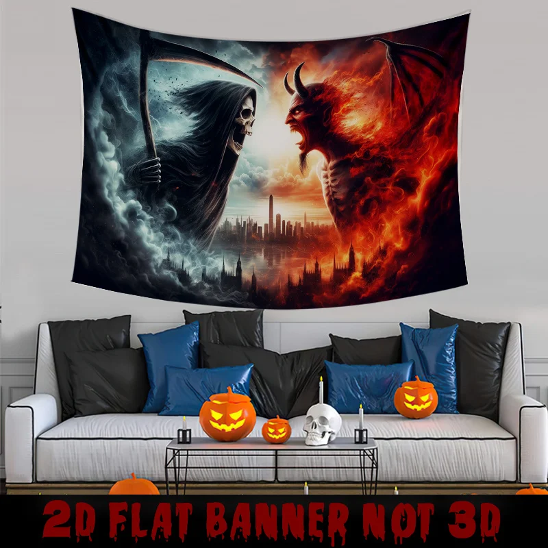 Gothic Reaper & Demon Encounter Tapestry - Dark Ghostly Realm Design, Perfect for Halloween and Haunted House Decor