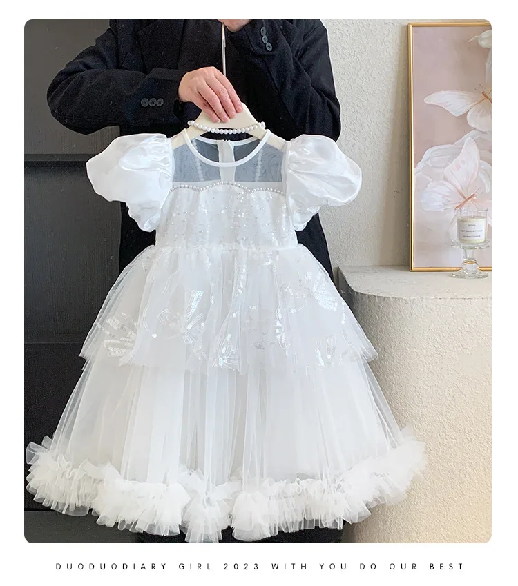 2026 New Baby Summer Girls Boutique White Sequined Puff Sleeve Dress, Princess Kids Sweet Fashion Flower Party Dress  3-8 T