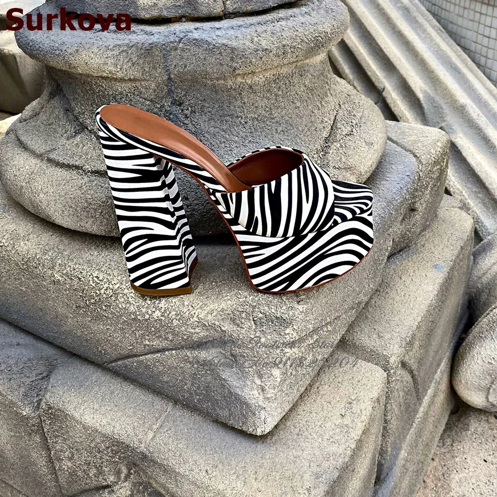 Surkova Sexy Zebra Striped Chunky Heel Slippers Open Toe High Platform Sandals Size46 Summer Dress Shoes Dropship