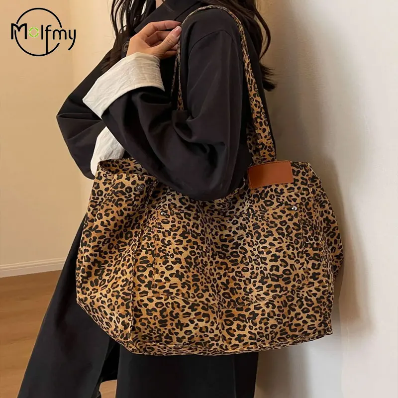 Bolso de gran capacidad con estampado de leopardo para mujer, bolsa de mano de lujo con estampado de leopardo para compras al aire libre, 2024