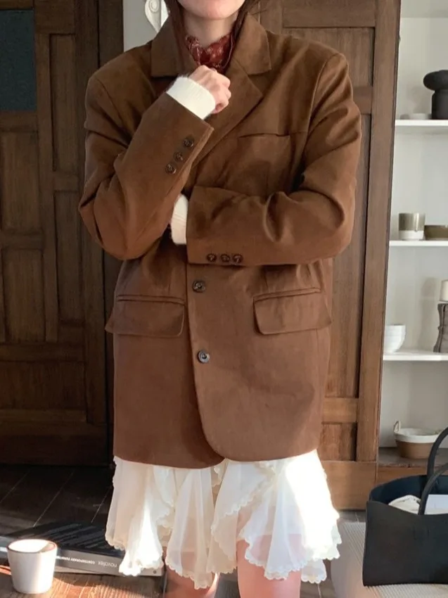 Dames Suede Long Sve Suit Jaet Loose Fit Middellange Lengte Vintage Sle Herfst Faion Bovenkleding Ele Trendy