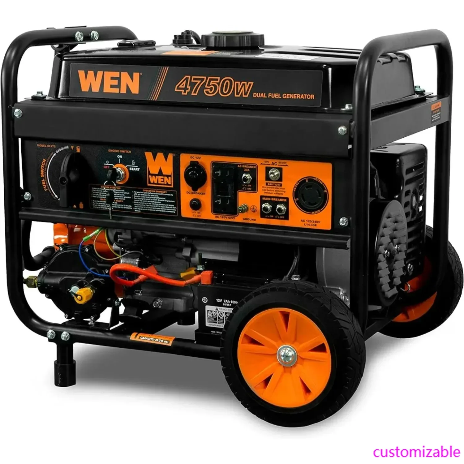WEN DF475T Generador portátil de combustible dual de 120 V/240 V con interruptor de transferencia de arranque eléctrico listo, 4750 vatios, compatible con CARB