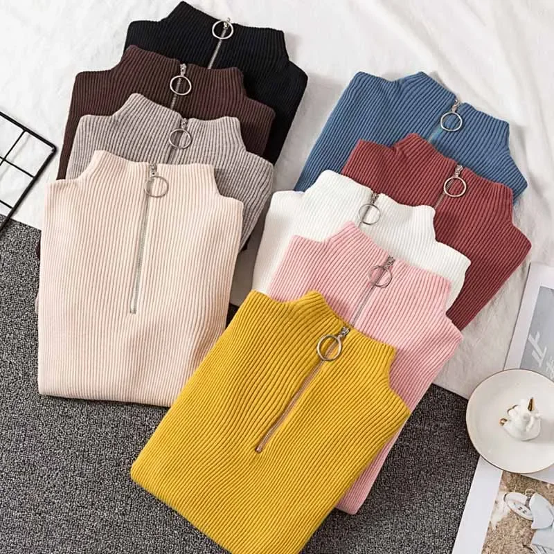 Korean Zipper Hoodie 2024 Autumn/Winter Knitted Long Sleeve Solid Color Women's Slim Fit Elastic Sweater Top 17113