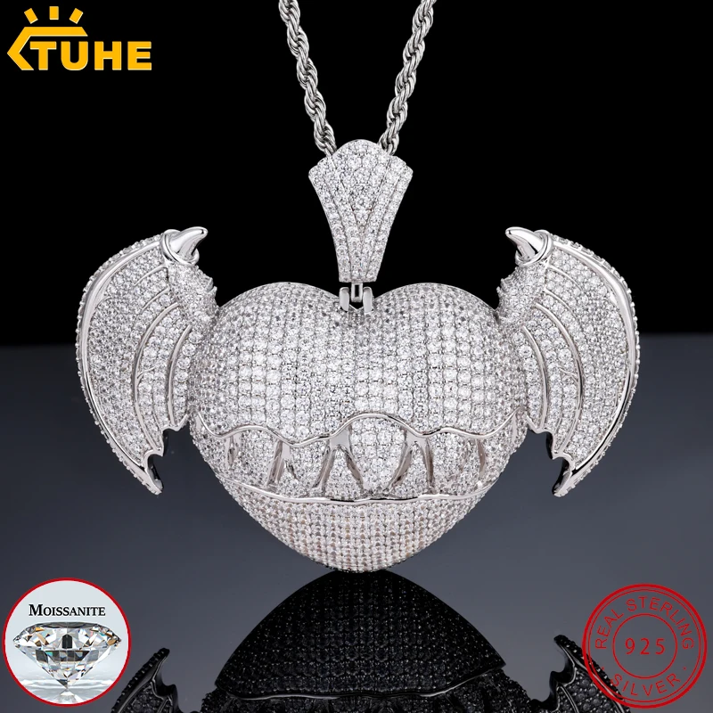 TUHE Iced Out Bat Wing Heart Pendant Necklace Unisex Full Moissanite Bling Charm for Men Women Hip Hop Jewelry Gift