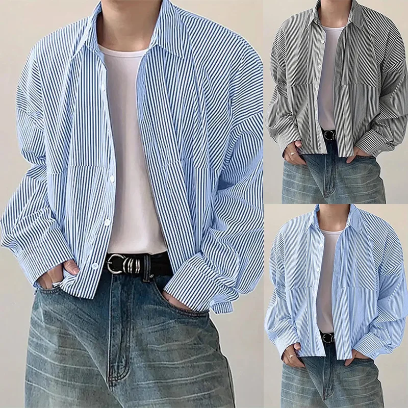 Autumn New Men's Lapel Vertical Striped Loose Long Sleeve Shirt Bottom Shirt