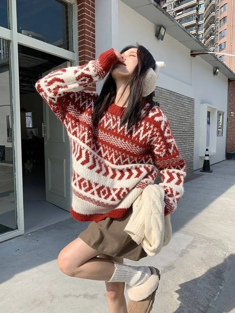 Vintage Print Christmas Style Red Pullovers Women O-Neck Sweet Casual Knitted Tops New Year Sweaters Y2k Sueter Mujer American