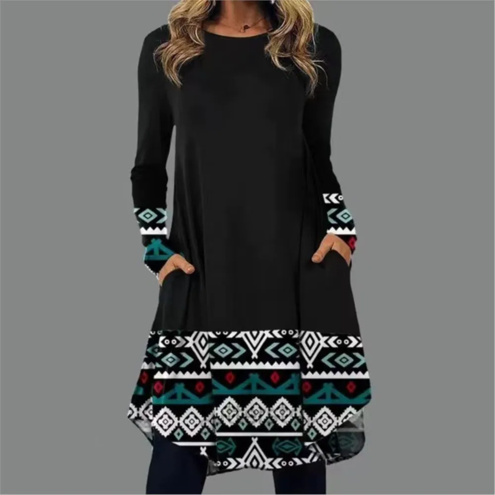 Women Ethnic Style Fashionable Casual Spring And Autumn Dress 2024 Retro Pocket Splicing Long Sleeved Short Dress Платье Женское