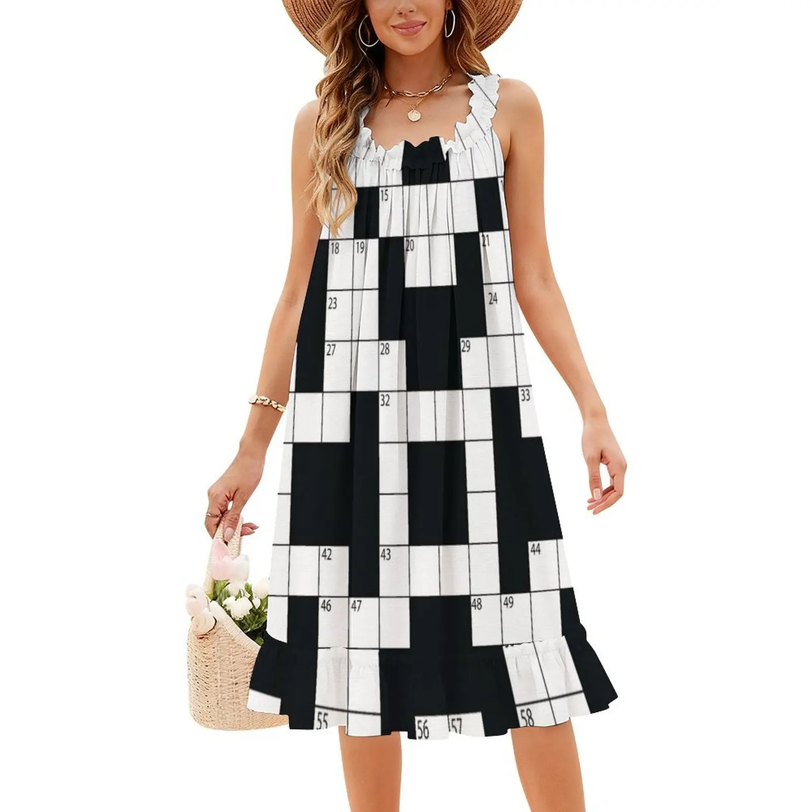 فستان بوهيمي بدون أكمام للتفكير عبر الكلمات، فستان متعدد الطباعة لقضاء العطلات على الشاطئ، كلمات متقاطعة، لعبة كلمات متقاطعة