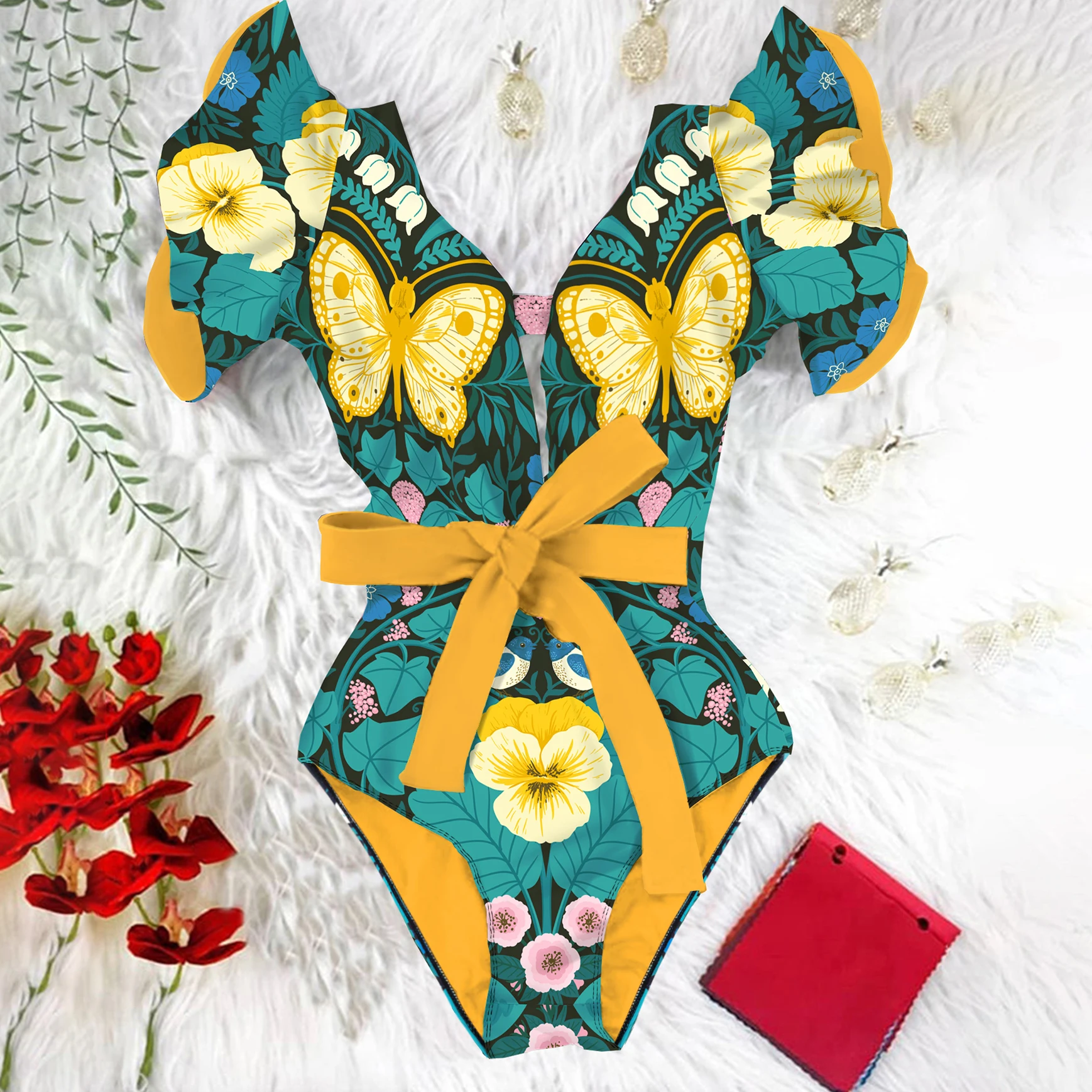 2025 New Print Sexy One Piece Swimsuit Women Swimwear Push Up Monokini Ruffle Swim Suit Bathing Suit Summer Beach Wear Female