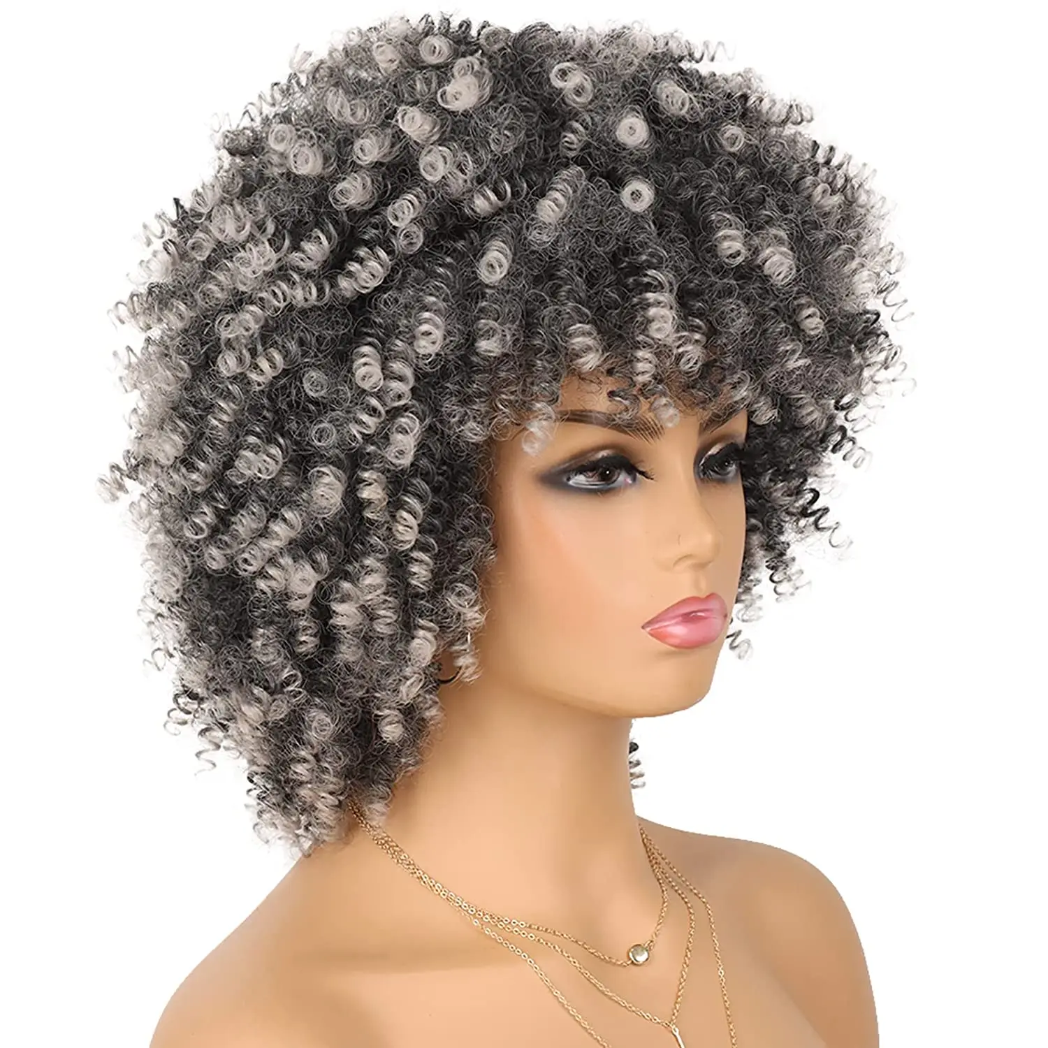 10Inch Afro Curly Synthetic Wig with Bangs for Black Women Glueless Wear Afro Kinky Curly Synthetic Wig Heat Resistant Wigs