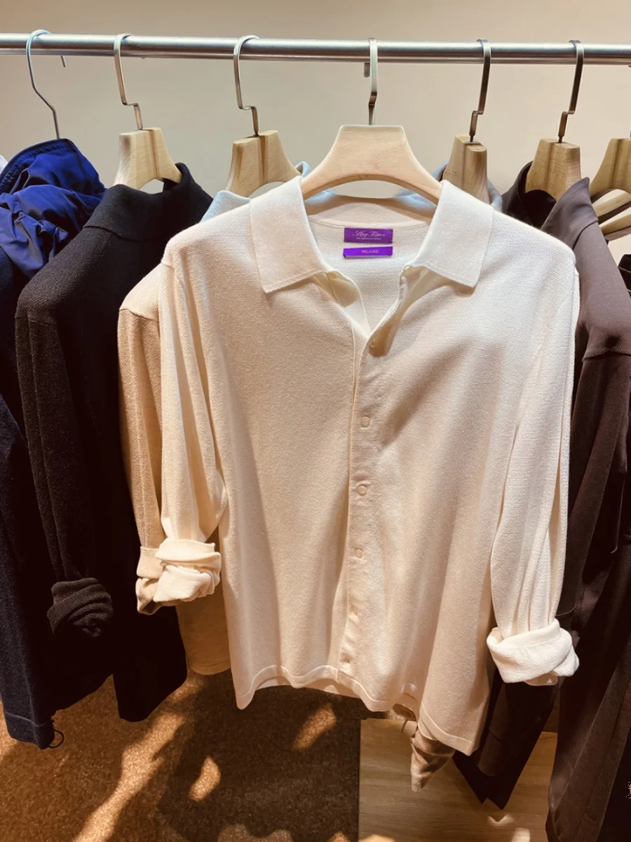 

Мягкая и комфортная вязаная рубашка-куртка из шерсти и шелка для мужчин: модный отложной воротник, легкий, роскошный, осенне-зимний, молодежный стиль