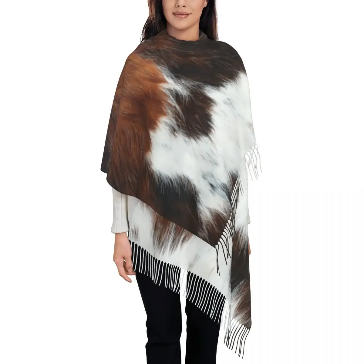 Scottish Highland Cow Cowhide Texture Tassel Scarf Women Soft Animal Hide Leather Shawl Wrap Female Winter Scarves