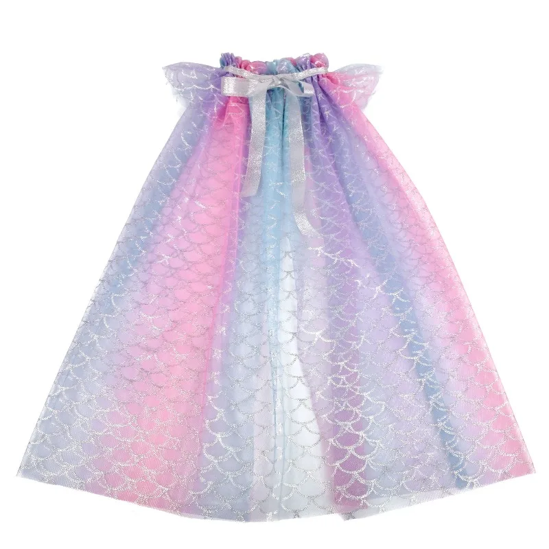 Kids' Halloween Printed Tulle Cape, Shimmer Drawstring Cloak with Fish Scale Pattern for Birthday Parties & Holiday Celebrations - view 3