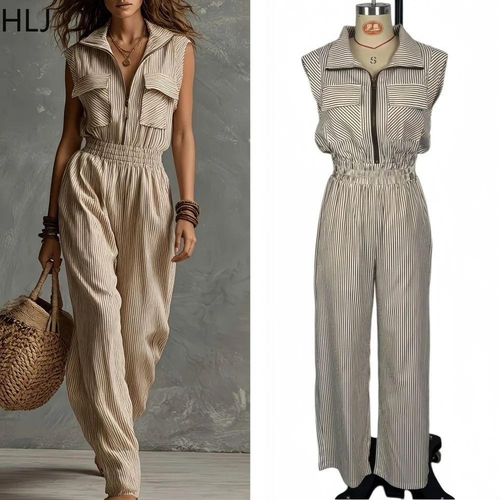 HLJ Casual Boho Striped Patchwork Bodycon Jumpsuit for Women Zip Up Collared Pocket Wide Leg Romper Female Streetwear Overalls