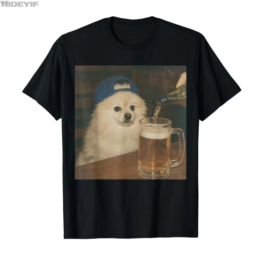 Vintage Pomeranian Drinking Beer Funny Dog Meme T-shirt For Men Women  T Shirts Short Sleeve Tops