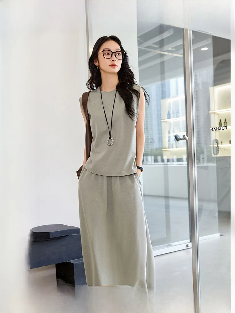 

Gray Green Simple Sleeveless Two-Piece Set round Neck A-Line Skirt Women's Fashion Ensemble Summer New Style