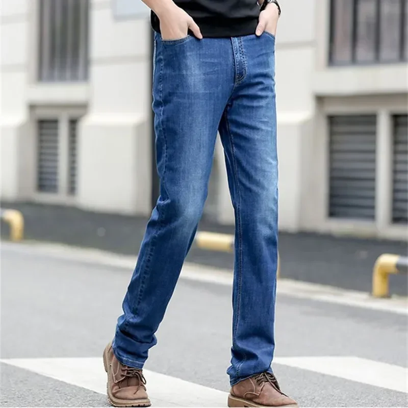 Summer Thin Tall Men Slim Fit 118CM Long High Waist Black Oversized Stretched 130KG Trousers Plus Size 46 44 42 Denim Pants