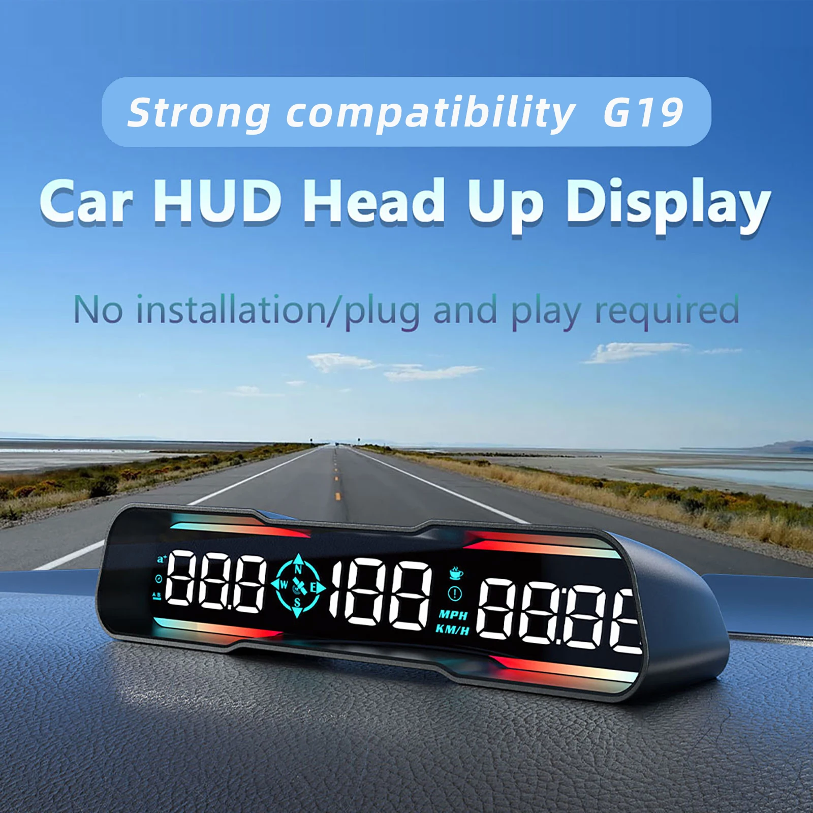 14mm HUD G19 Gps Head up Display LCD Speedometer Dashboard MPH Km/h Overspeed Alarm Clock Compass Auto Electronic Accessories