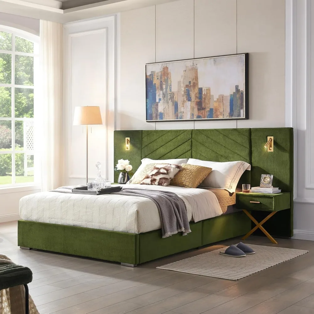 

Роскошный каркас кровати размера «queen-size» DEINPPA со встроенной золотой светодиодной подсветкой и тумбочками, кровать-платформа размера «queen-size» с мягкой обивкой