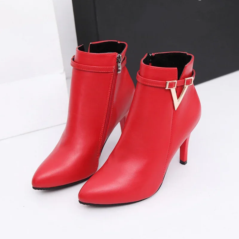 Botas Mujer Invierno 2024 autunno Stiletto tacchi alti sottili donna punta a punta cerniera in pelle Pu stivali da donna Sexy alla caviglia neri