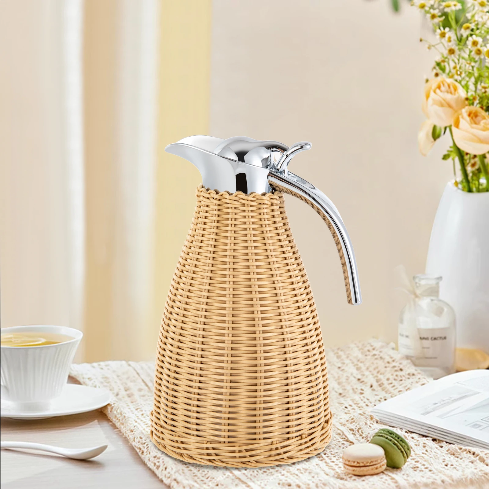 

Stainless Steel Coffee Thermal Jug, Double Walled Vacuum Insualted Jug, Retro Insulation Rattan Thermal Jug 1.5L/0.4 Gal