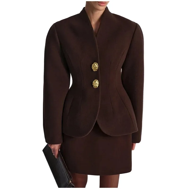 

Chic Waist-cinched Blazer Skirt Women Set Elegant Long Sleeve Single Breasted Coat Hip Package Skirts Spring Lady 2 Pieces Sets